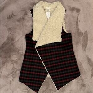 NWT Ruyi Red Plaid Faux Shearling Wool Big Collar Vest Jacket One Size